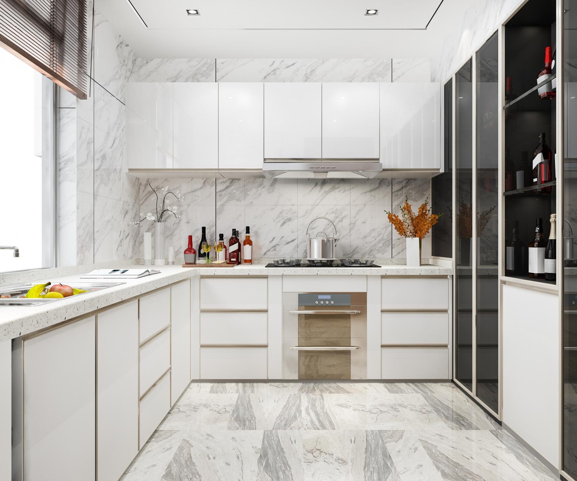 3d rendering white minimal kitchen with wood decoration<br />
